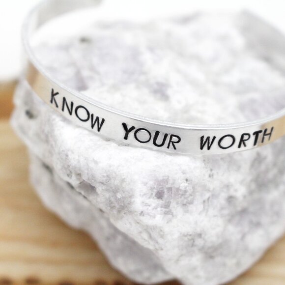 Know Your Worth - Hand Stamped Anodized Aluminum Bangle - Adjustable - Picture 2 of 11